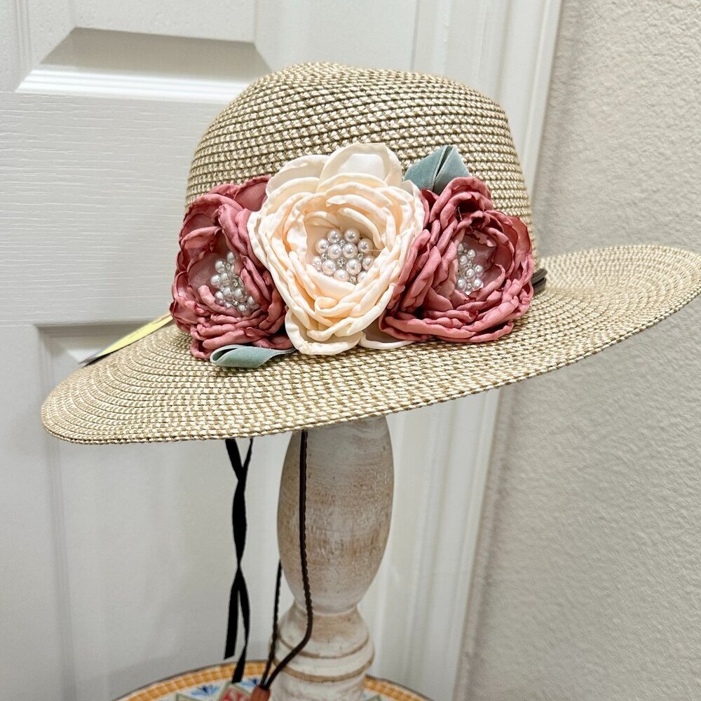 Elegant Women's Tweed Sun Hat With Satin Flowers And Pearls Wedding Tea Party